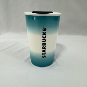 Starbucks Tumbler With Lid Teal & White Color Ceramic Travel Mug 8oz Double Wall